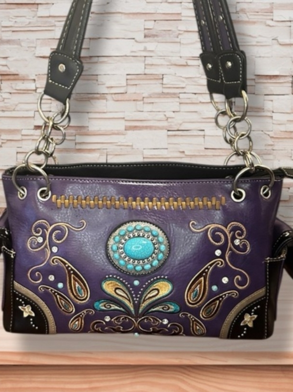 🤠 Justin West Embroidered Purple Western-Style Bag with Turquoise Accent